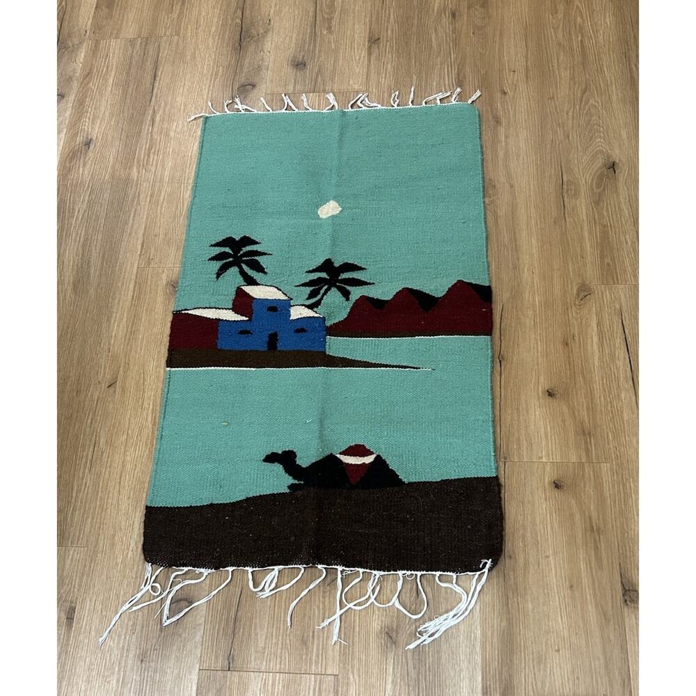 Vintage Egyptian African Handwoven Tapestry Rug Camel Oasis Wall Hanging -